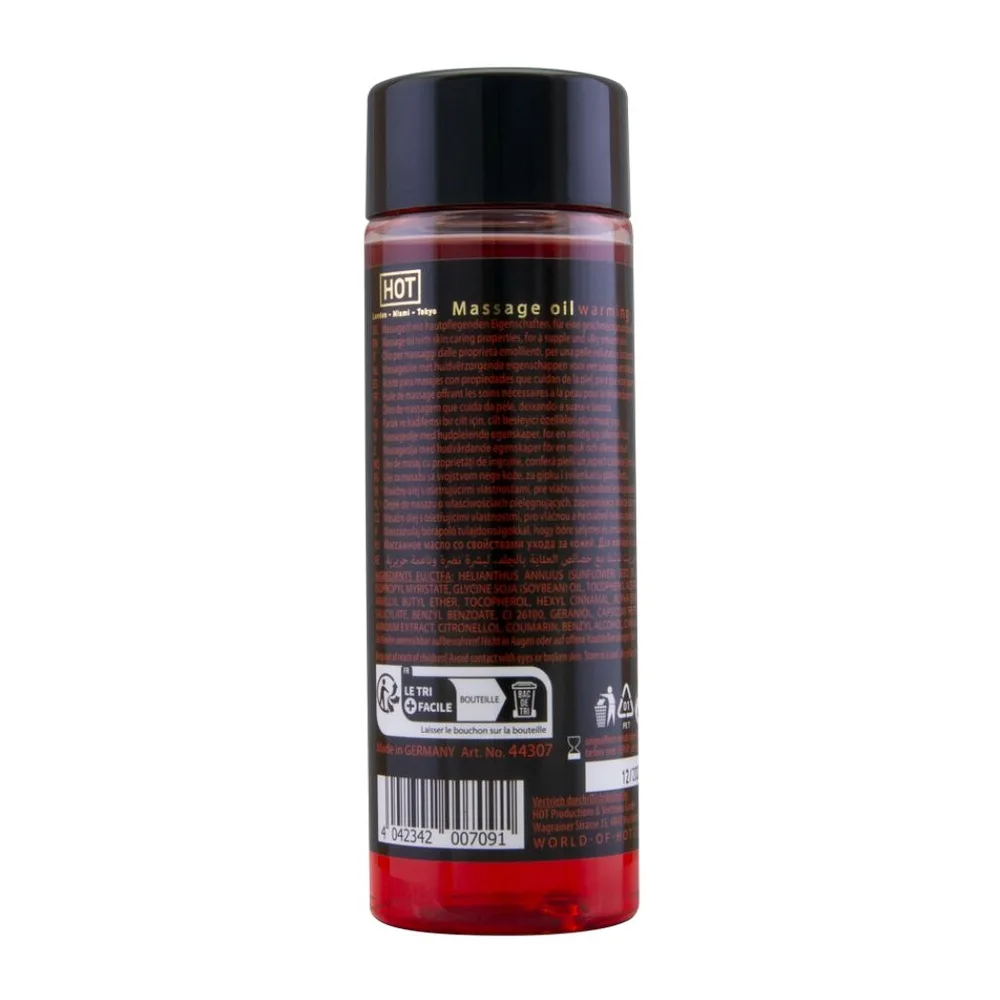 Flacon d'huile de massage chauffante HOT de couleur rouge translucide avec bouchon noir, étiquette noire et code-barres visible