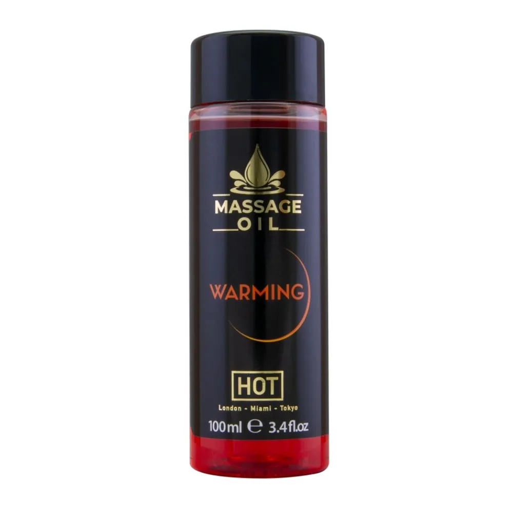 Flacon d'huile de massage chauffante HOT de couleur rouge translucide avec bouchon noir, étiquette noire et code-barres visible