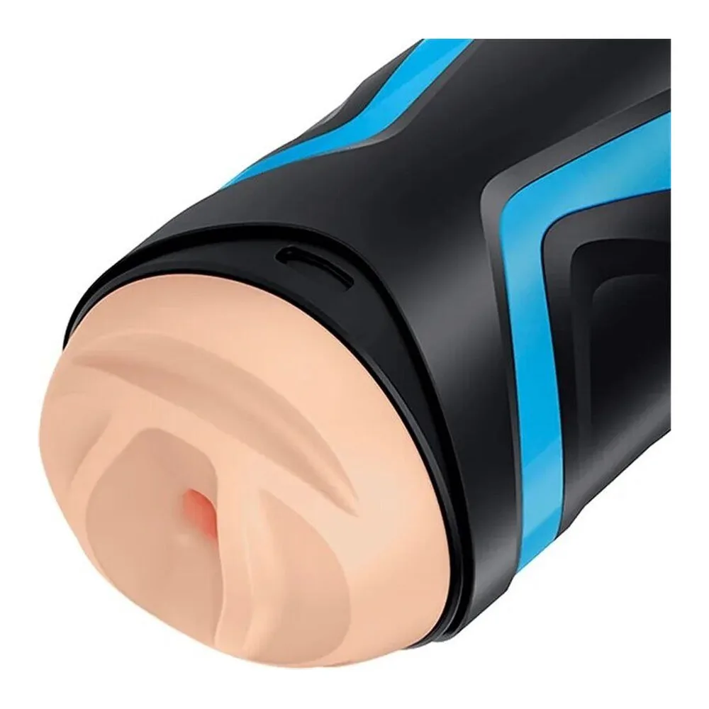 Vaginette Men One avec inserteur en silicone chair, boîtier noir et bleu, ouverture textilée visible, vue en angle sur fond blanc