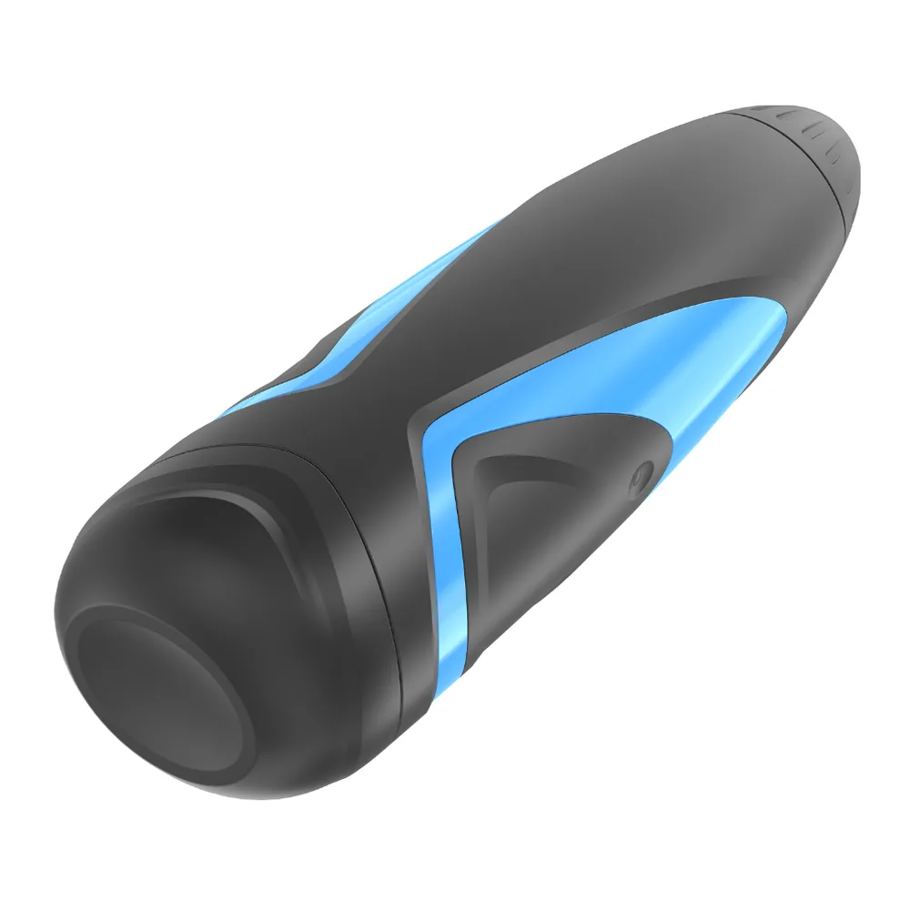 Vaginette Men One avec inserteur en silicone chair, boîtier noir et bleu, ouverture textilée visible, vue en angle sur fond blanc