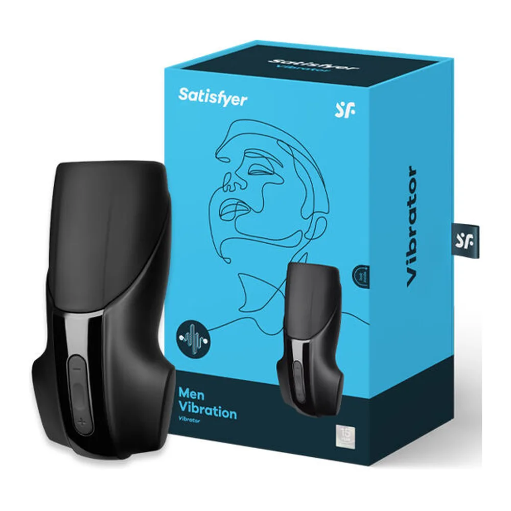 Masturbateur noir et gris avec bandes latérales argentées, formes arrondies, étanche et rechargeable, fond blanc