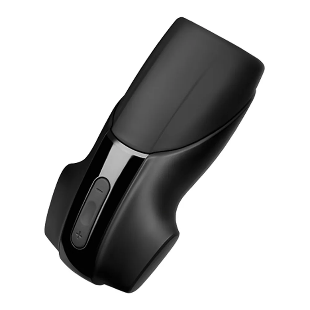 Masturbateur noir et gris avec bandes latérales argentées, formes arrondies, étanche et rechargeable, fond blanc