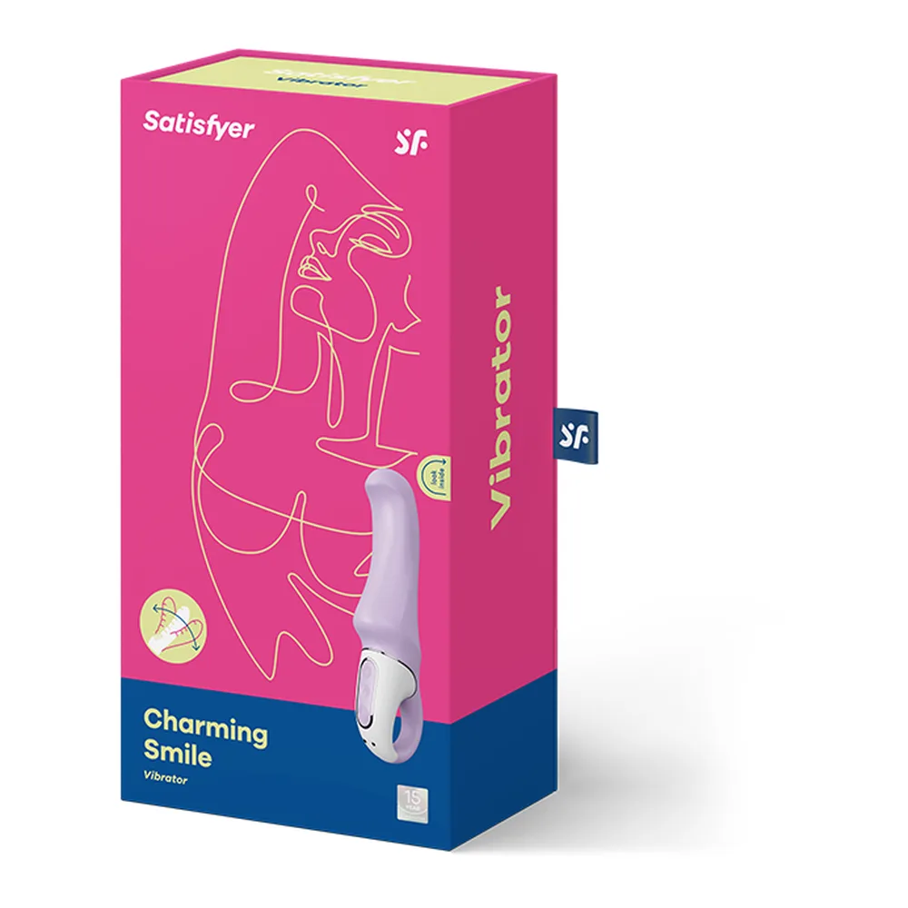 Vibromasseur courbe lilas et blanc avec tige épaisse et anneau de préhension blanc, commandes tactiles visibles sur le grip