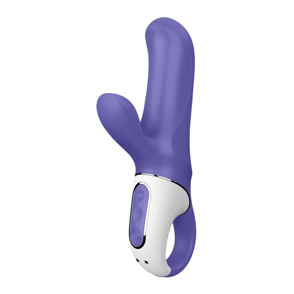 Vibromasseur rabbit violet et blanc avec deux branches et zone de contrôle, sur fond blanc