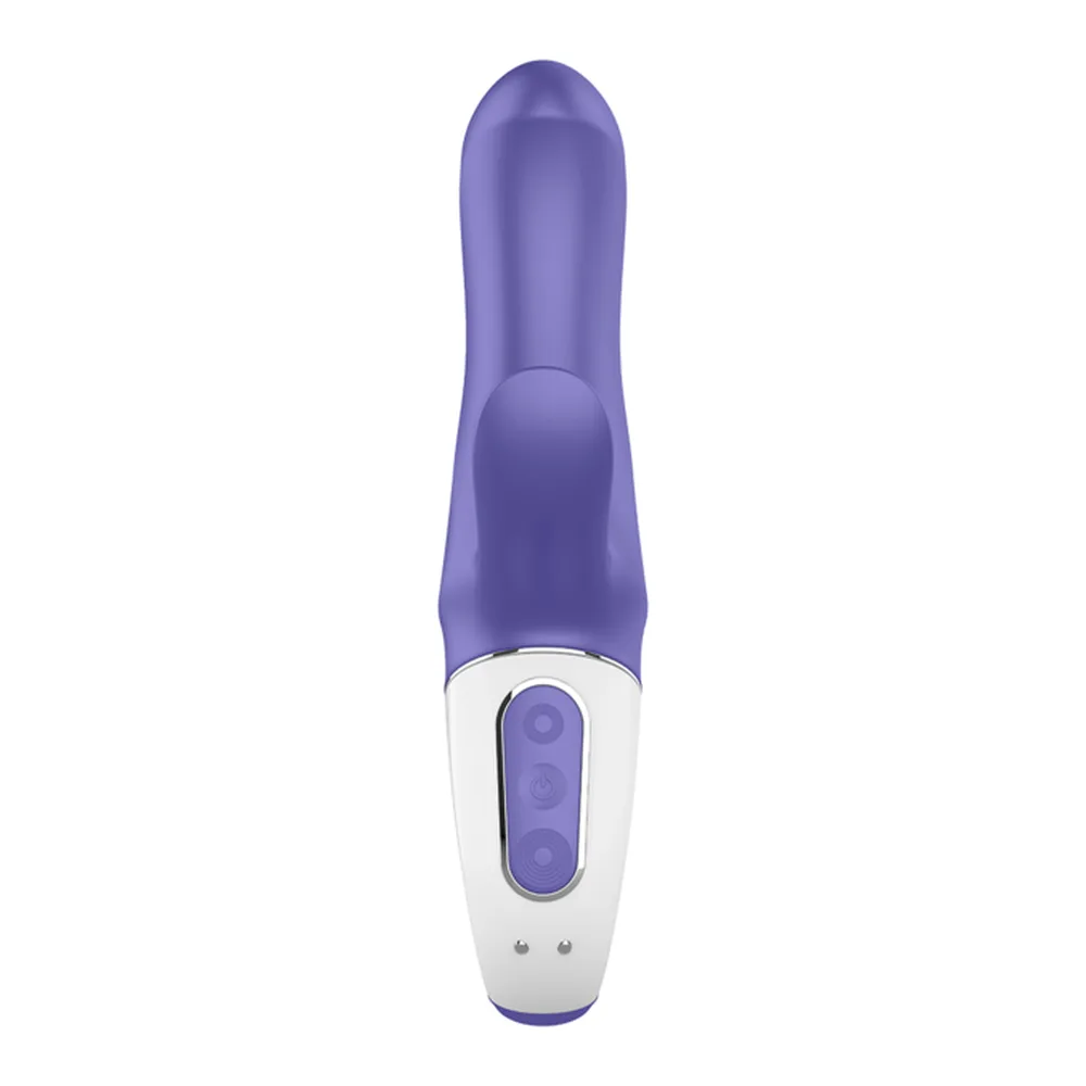 Vibromasseur rabbit violet et blanc avec deux branches et zone de contrôle, sur fond blanc
