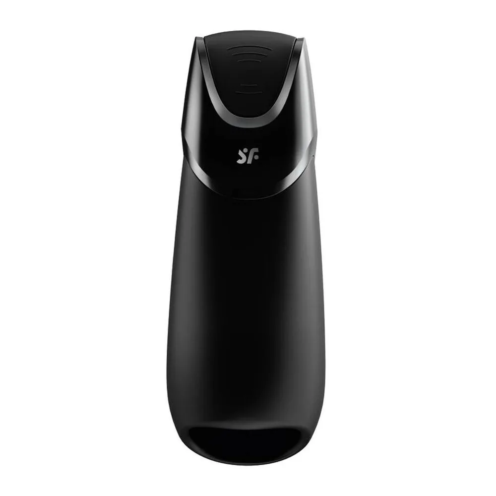 Masturbateur automatique noir en silicone avec forme ergonomique incurvée et ouverture centrale, sur fond blanc