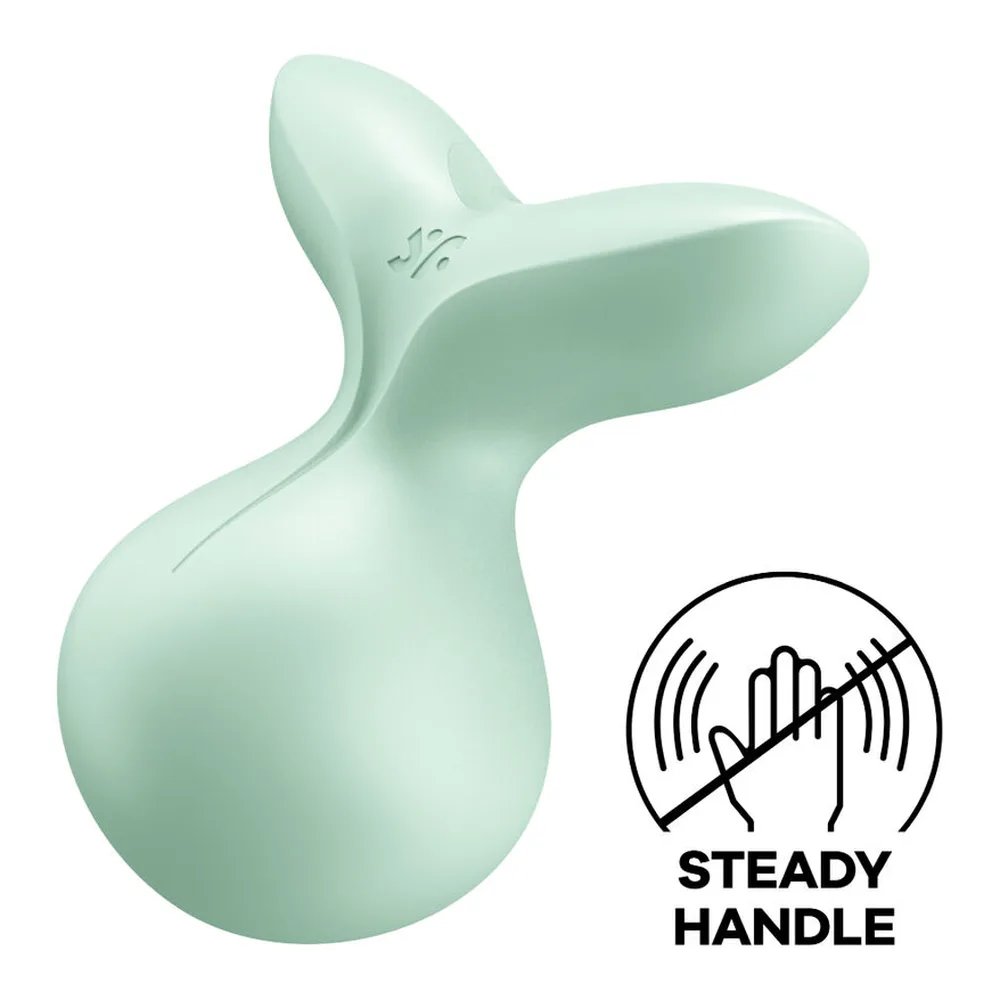 Vibromasseur rose fuchsia avec base ronde bulbeuse et prolongement ergonomique, poignée stable marquée du logo, sur fond blanc avec pictogramme « Steady Handle »