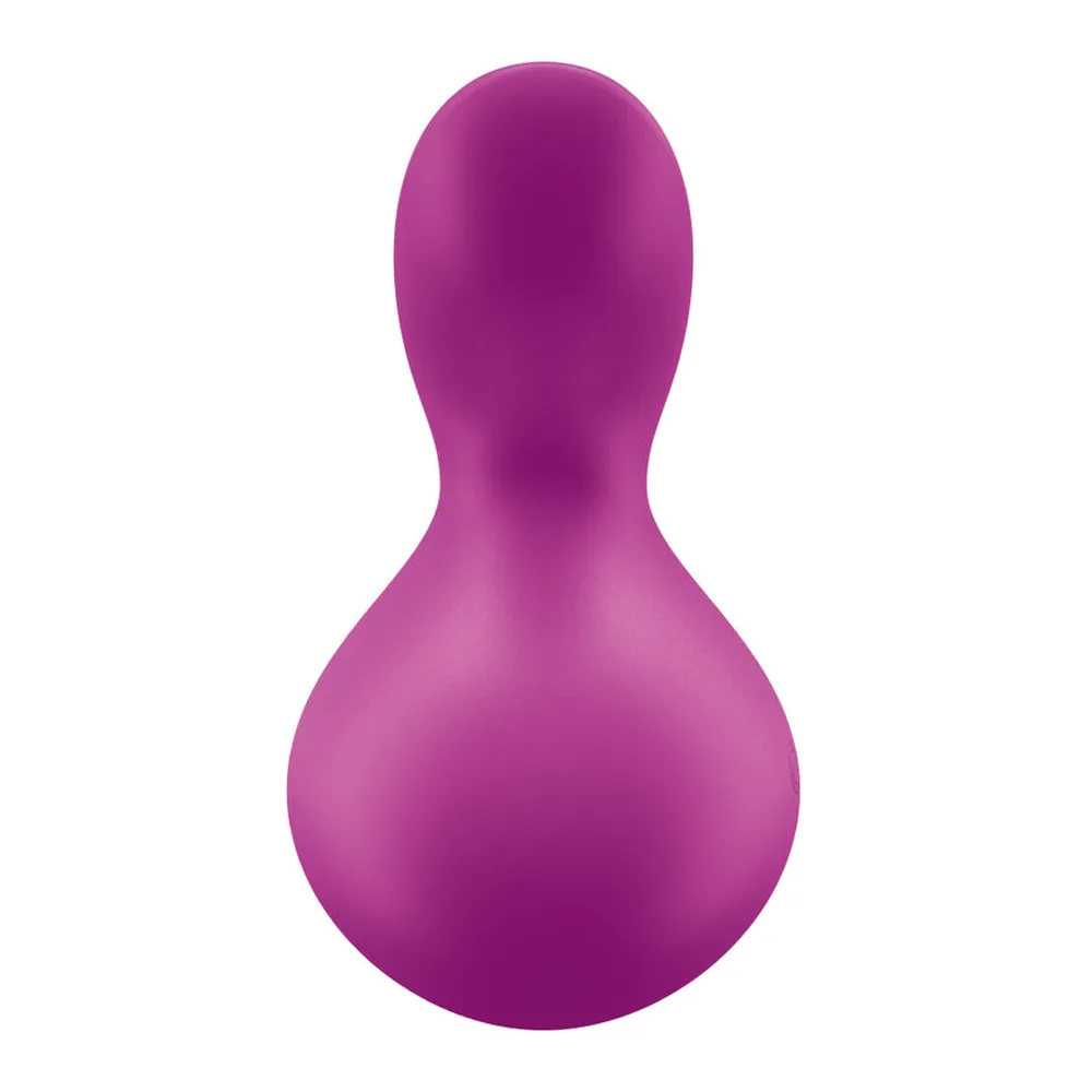 Vibromasseur rose fuchsia avec base ronde bulbeuse et prolongement ergonomique, poignée stable marquée du logo, sur fond blanc avec pictogramme « Steady Handle »