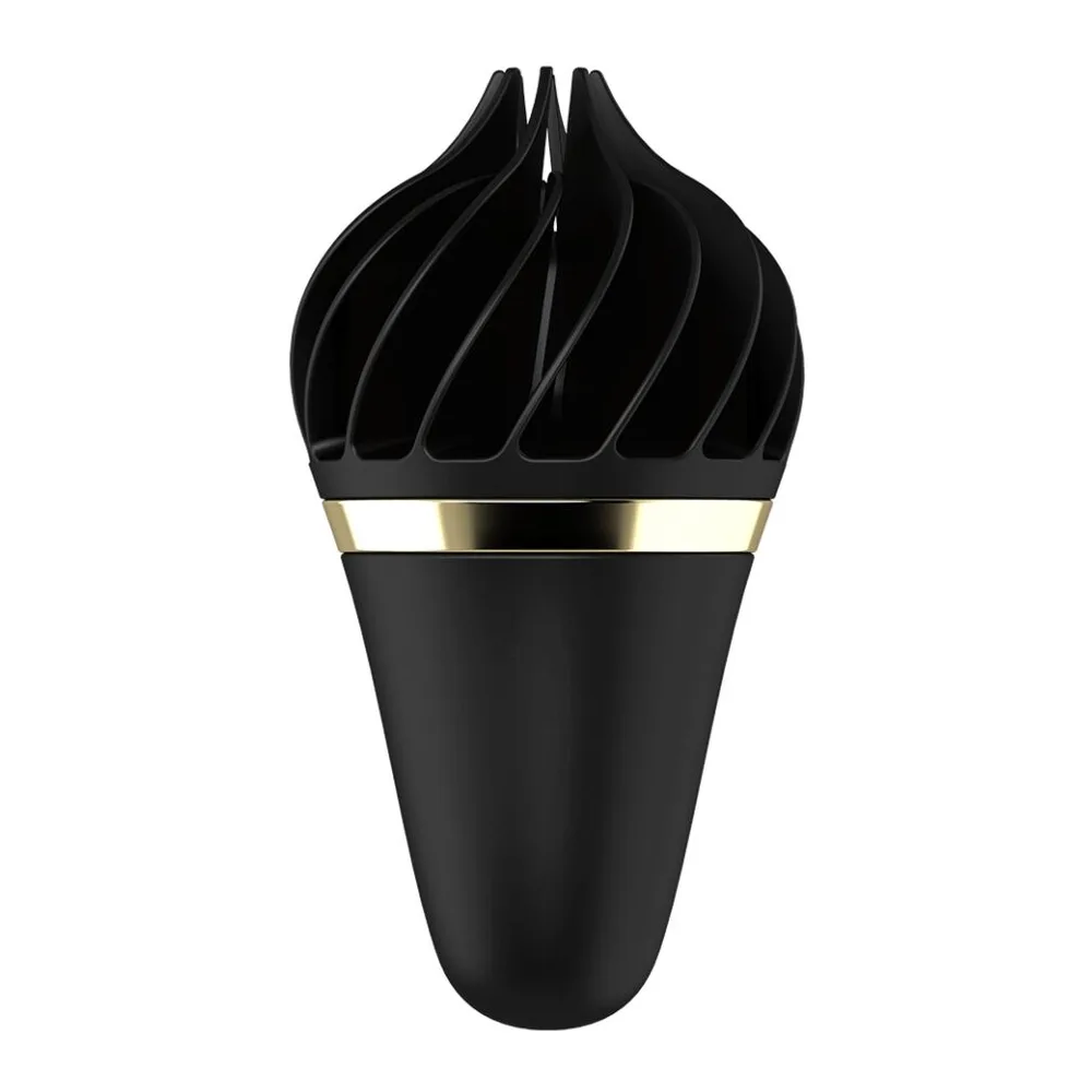 Stimulateur clitoridien noir en silicone avec tête bulbée nervurée et corps cylindrique orné d'une bande dorée, sur fond blanc