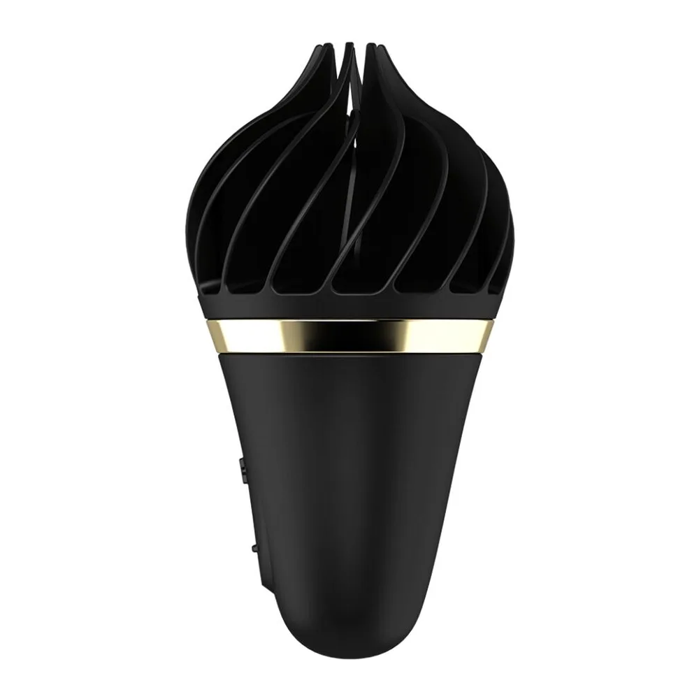 Stimulateur clitoridien noir en silicone avec tête bulbée nervurée et corps cylindrique orné d'une bande dorée, sur fond blanc