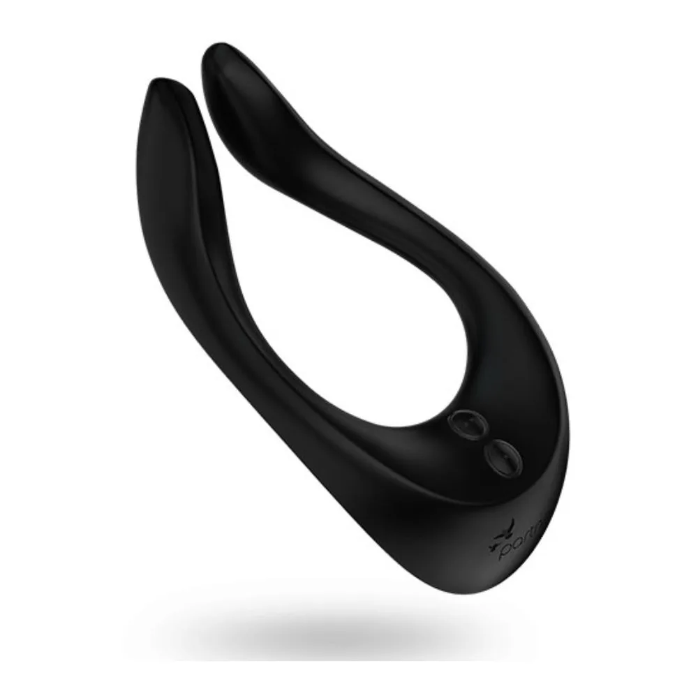 Stimulateur clitoridien noir en U flexible, vue de profil sur fond blanc avec deux petits boutons de commande visibles sur le côté