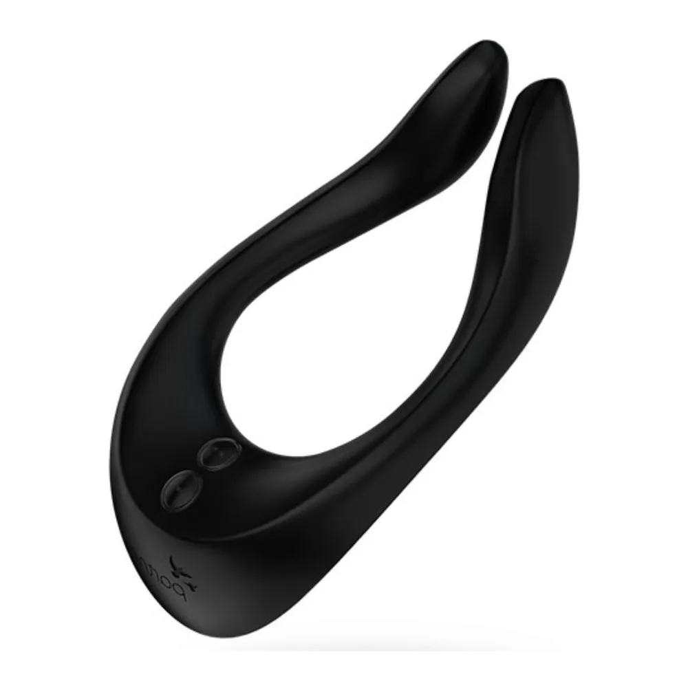 Stimulateur clitoridien noir en U flexible, vue de profil sur fond blanc avec deux petits boutons de commande visibles sur le côté