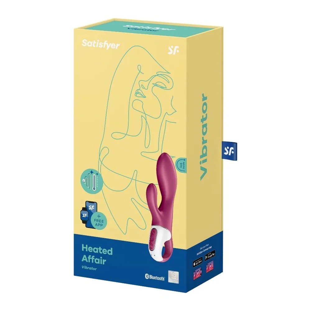 Emballage jaune et bleu d'un vibromasseur rabbit Satisfyer Heated Affair, montrant le produit en silicone rose et blanc avec tige fine et billes stimulantes