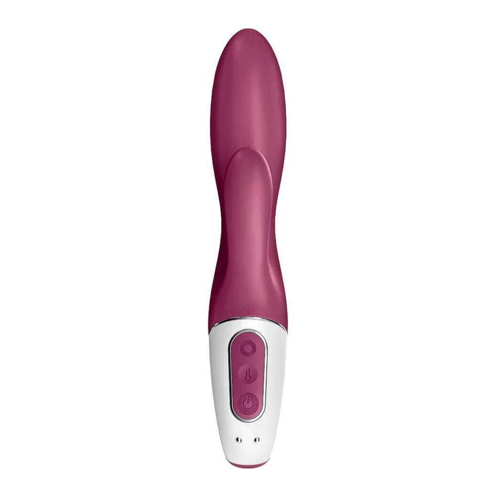 Emballage jaune et bleu d'un vibromasseur rabbit Satisfyer Heated Affair, montrant le produit en silicone rose et blanc avec tige fine et billes stimulantes