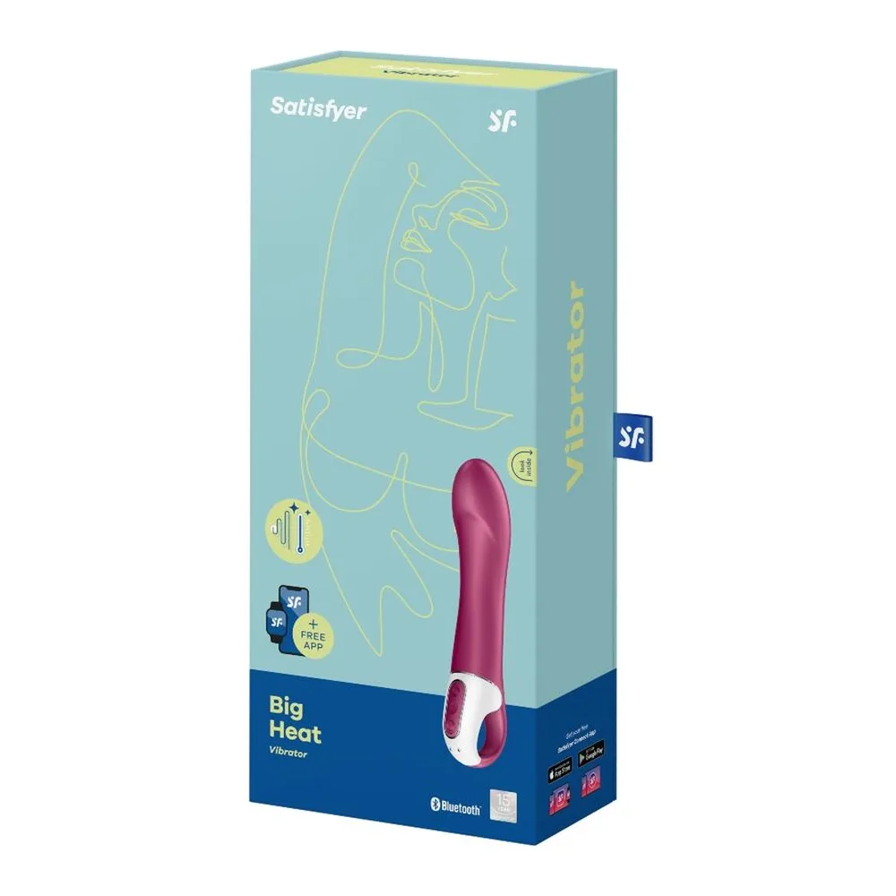 Emballage bleu turquoise du vibromasseur Satisfyer Big Heat, présentant le produit en silicone rose magenta avec tête courbée et anneau blanc, logo Satisfyer et mentions Bluetooth, rechargeable, étanche