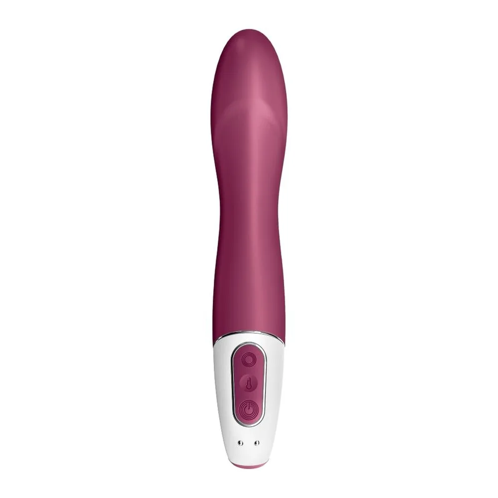 Emballage bleu turquoise du vibromasseur Satisfyer Big Heat, présentant le produit en silicone rose magenta avec tête courbée et anneau blanc, logo Satisfyer et mentions Bluetooth, rechargeable, étanche