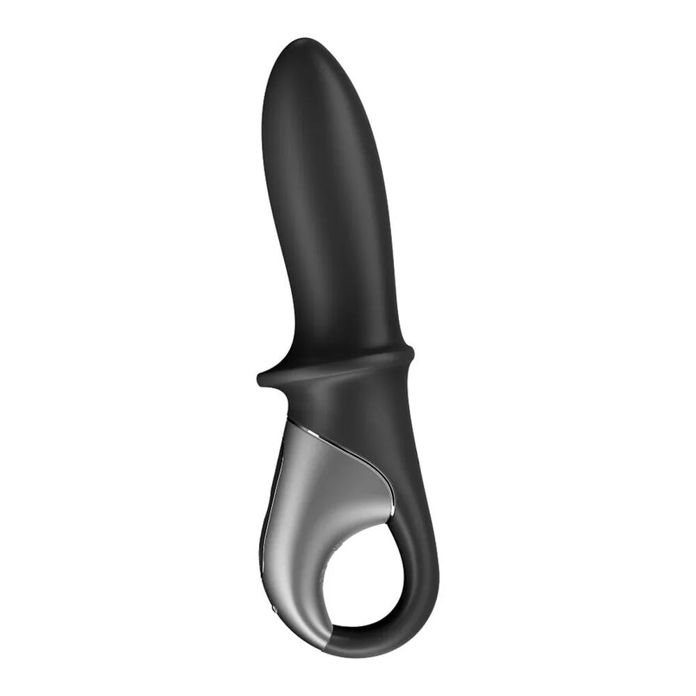 Stimulateur de prostate en silicone noir avec poignée ergonomique et anneau de base argenté, forme incurvée, sur fond blanc