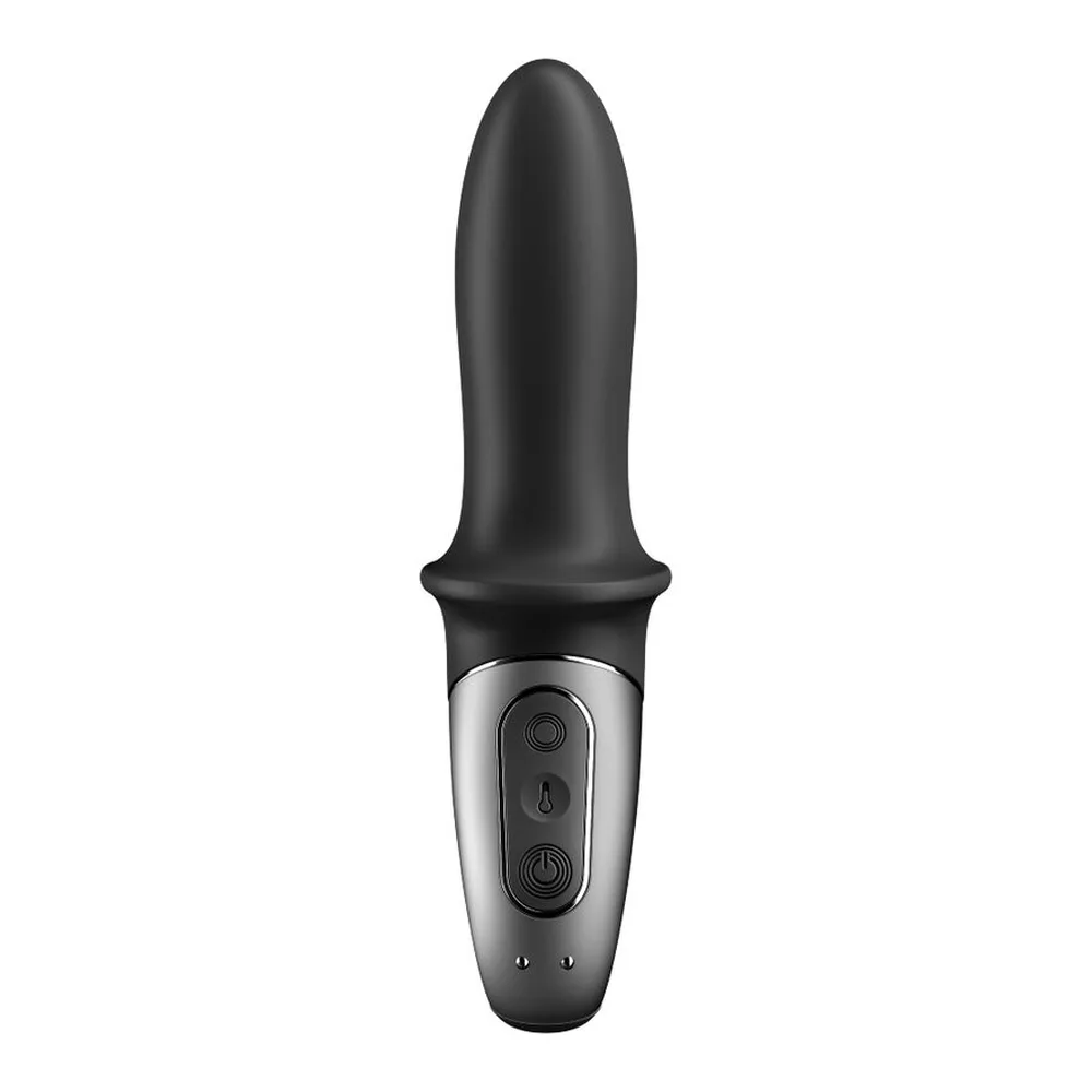 Stimulateur de prostate en silicone noir avec poignée ergonomique et anneau de base argenté, forme incurvée, sur fond blanc