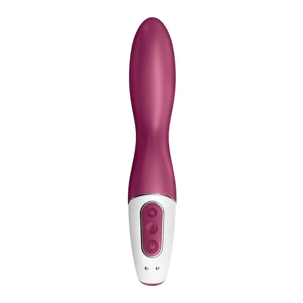 Vibromasseur en silicone rose foncé avec corps incurvé et zone de stimulation blanche, sur fond blanc