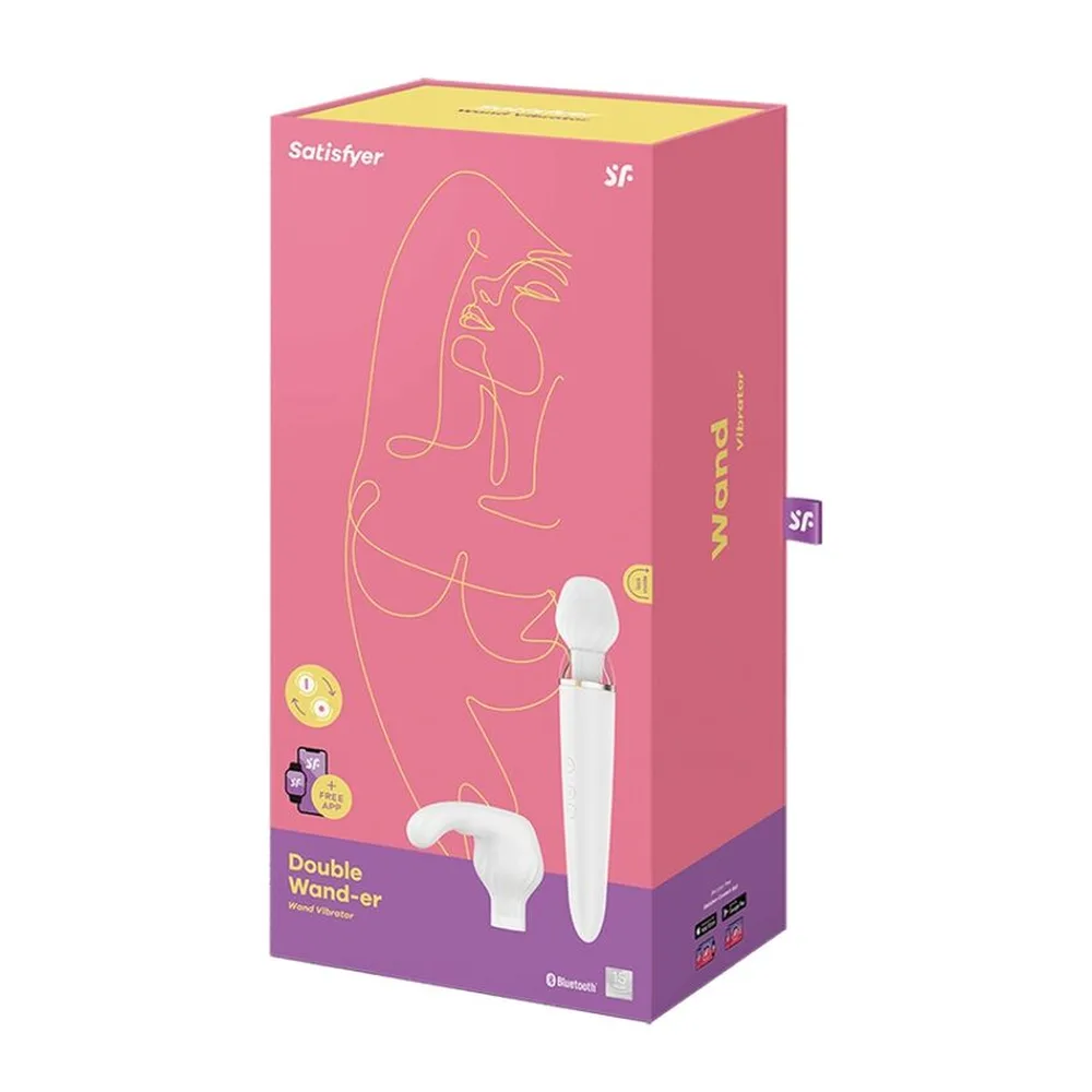 Wand blanc avec tête arrondie amovible et trois boutons de contrôle, accompagné d'une tête courbe interchangeable, embout en silicone, anneau métallique doré