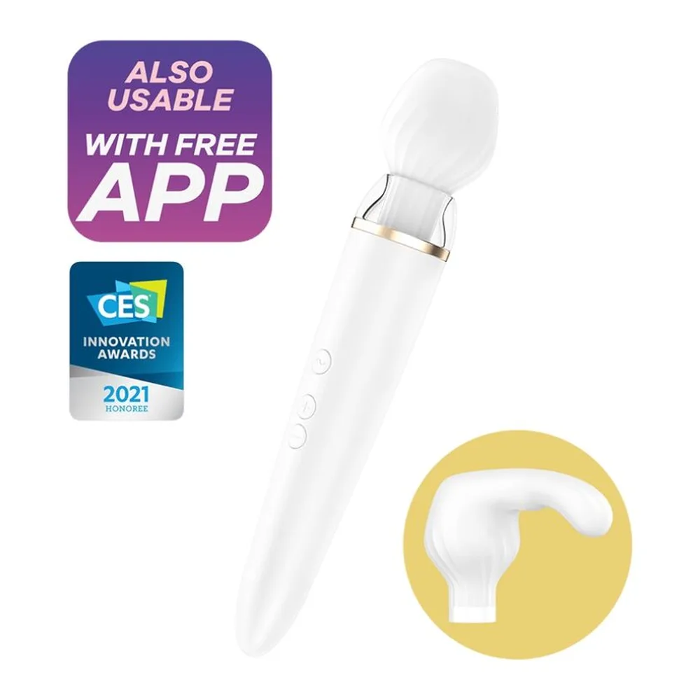 Wand blanc avec tête arrondie amovible et trois boutons de contrôle, accompagné d'une tête courbe interchangeable, embout en silicone, anneau métallique doré