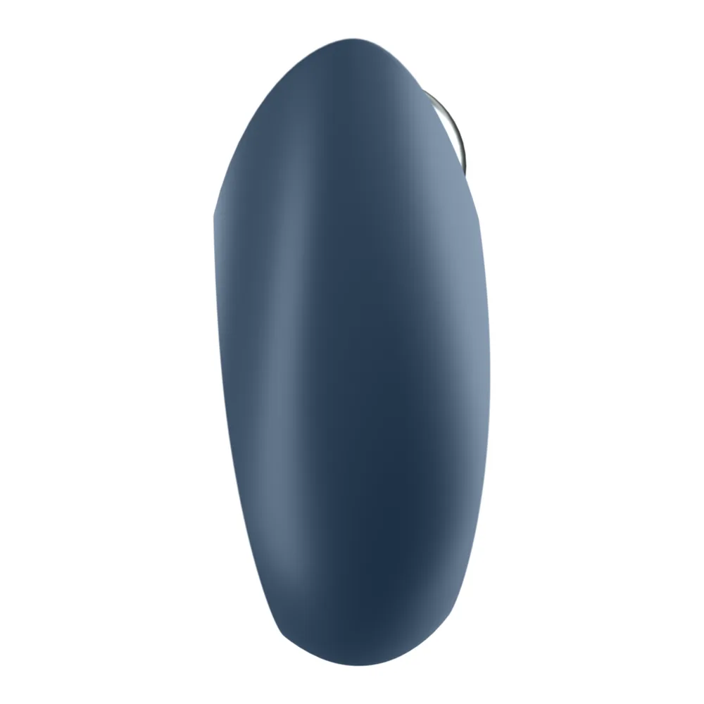 Anneau vibromasseur en silicone bleu ardoise avec ouverture centrale, détails métallisés en haut, sur fond blanc