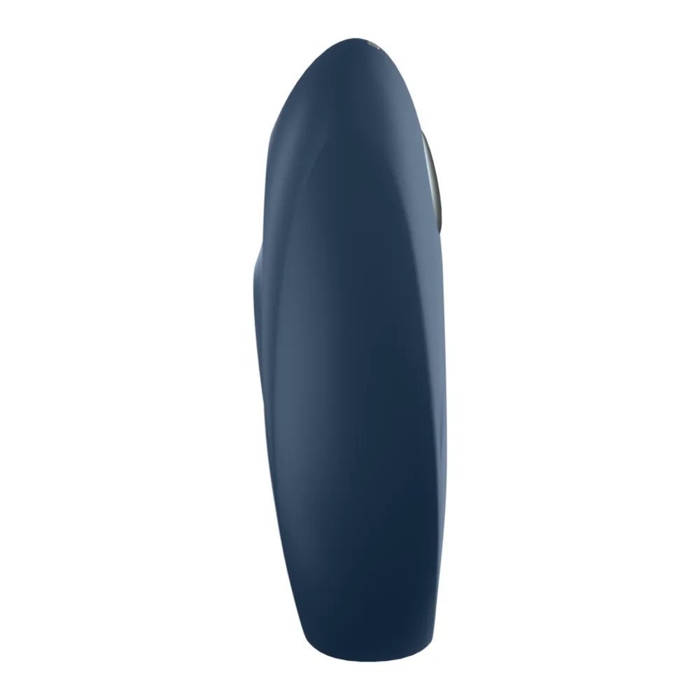 Anneau vibrant en silicone bleu marine, forme ovoïde avec ouverture centrale et petite protubérance teardrop sur le côté, fond blanc