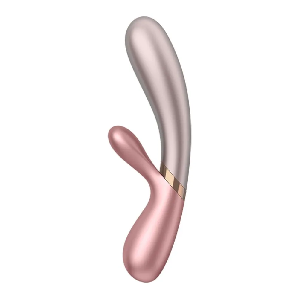 Vibromasseur rabbit en silicone rose et gris, deux branches courbes avec bande dorée, sur fond blanc