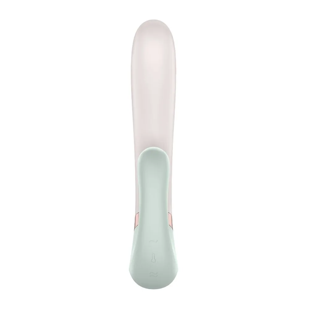 Emballage rose et bleu du vibromasseur rabbit Satisfyer Heat Wave, montrant le produit blanc avec commandes tactiles et logo Bluetooth sur la boîte