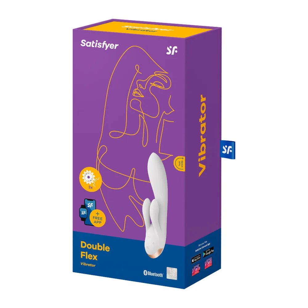 Vibromasseur rabbit blanc avec deux tiges latérales externes, base dorée, commandes tactiles visibles, sur fond blanc