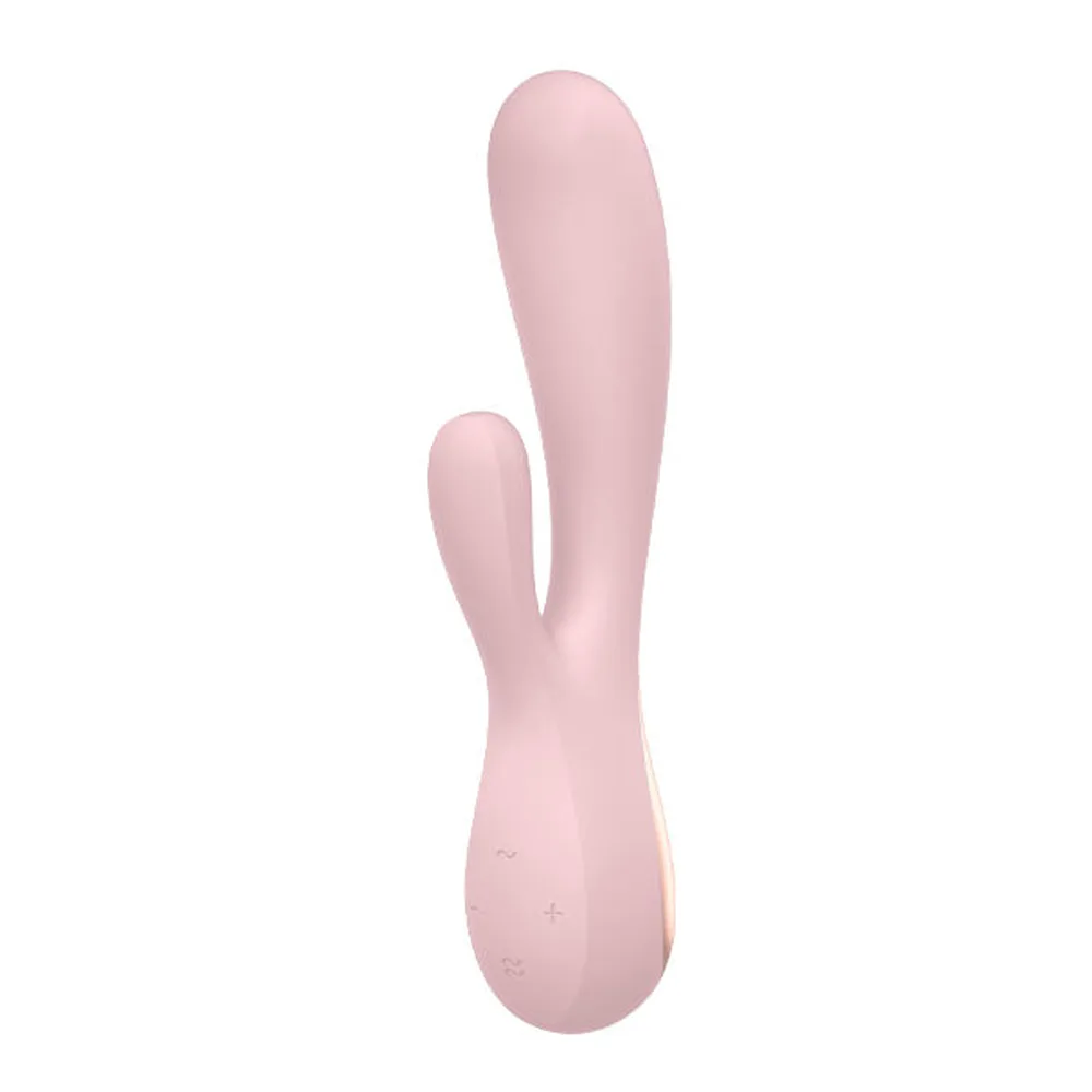 Stimulateur clitoridien rose poudré de forme ergonomique avec deux branches courbes, l'une principale et l'autre secondaire, sur fond blanc