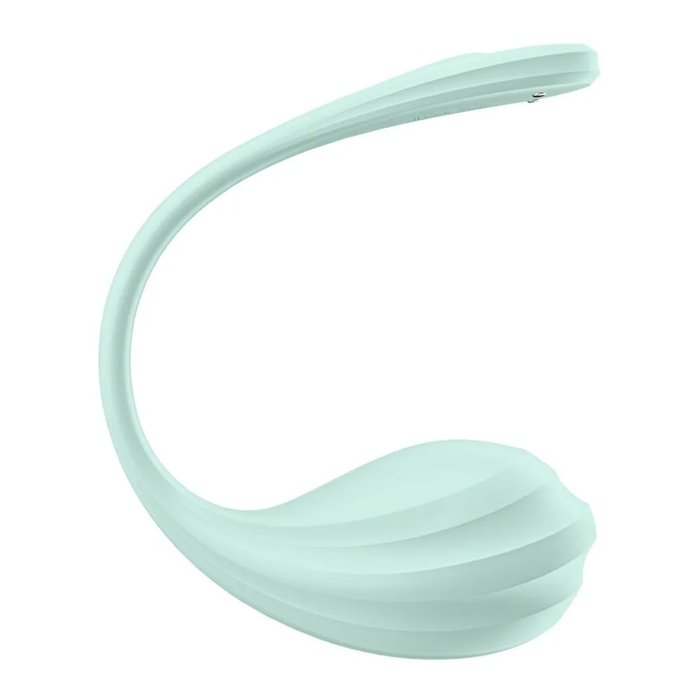 Vibromasseur point G en silicone vert menthe, forme de pétale allongé avec tige lisse et tête arrondie, sur fond blanc