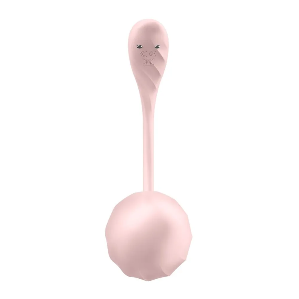 Vibromasseur rose pâle avec tête ovoïde nervurée et manche fin, marquage discret en haut du manche, sur fond blanc