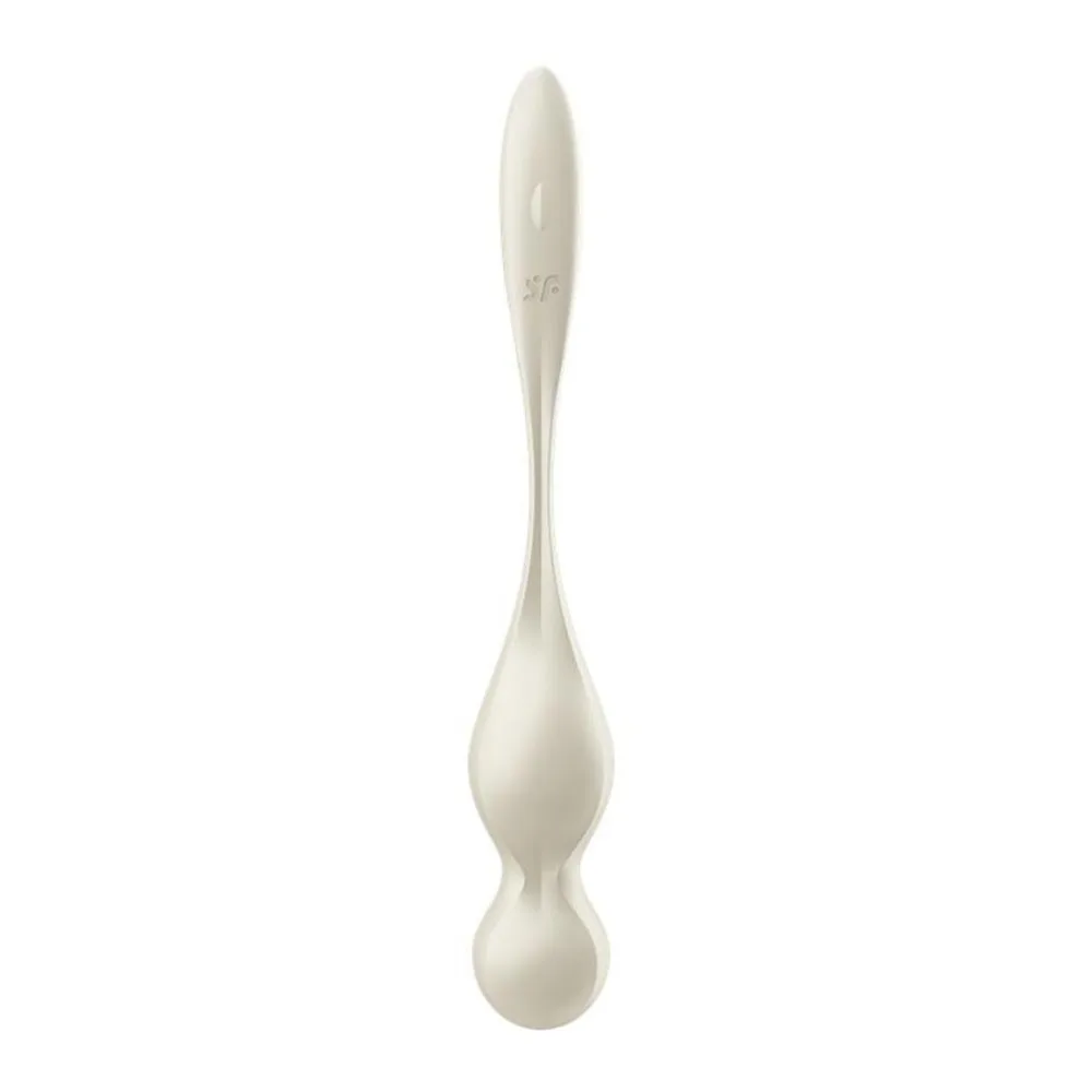 Boule de Geisha Love Birds en silicone blanc crème, forme élancée avec deux sphères bombées reliées, fond blanc