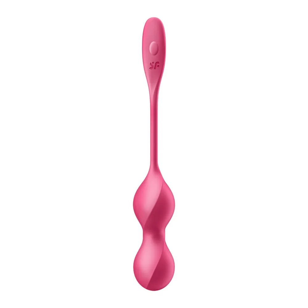 Boules de Geisha rose vif en silicone, deux sphères connectées par une tige fine, design ergonomique, sur fond blanc