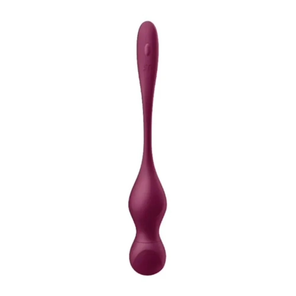 Boule de geisha en silicone prune avec deux sphères de diamètres différents reliées par une tige fine, fond blanc