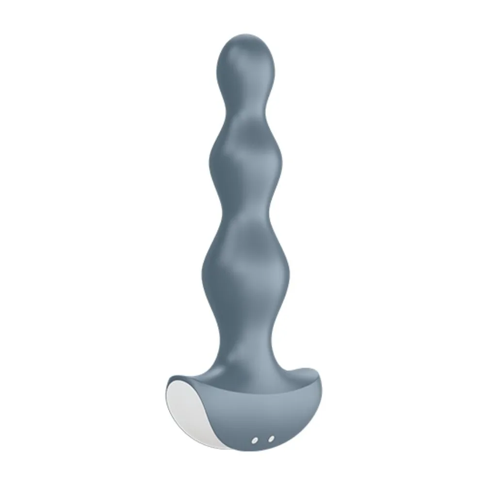 Plug anal gris bleu avec perles superposées et base évasée en forme de cupule, deux points lumineux visibles sur le socle, fond blanc