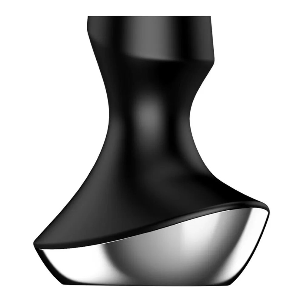 Plug anal noir en silicone avec forme conique effilée, base large et plate, surface lisse et brillante sur fond blanc