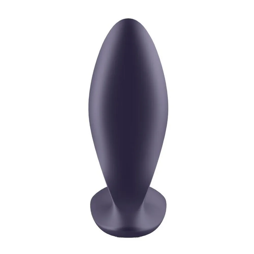 Plug anal en silicone gris foncé, forme allongée effilée avec base large et aplatie, sur fond blanc