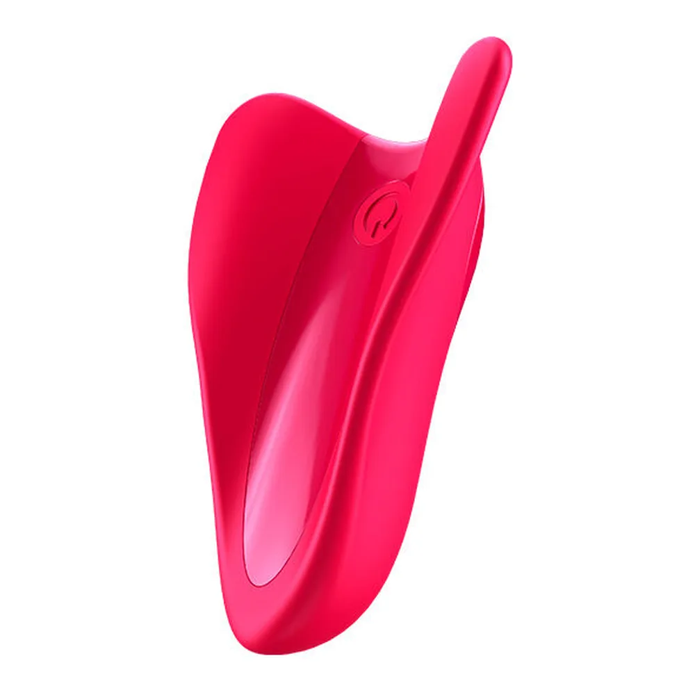 Vibromasseur en silicone rose fuchsia, de forme évasée avec deux ailes arrondies et centre effilé, logo de marque en relief au centre, sur fond blanc