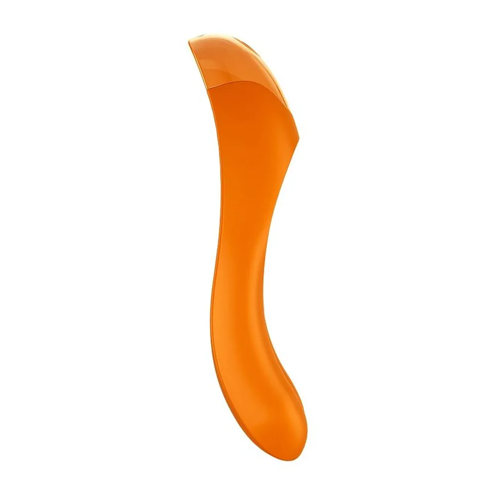 Vibromasseur orange vif en silicone, forme de canne avec ouverture centrale, capuchon arrondi à l'extrémité, sur fond blanc