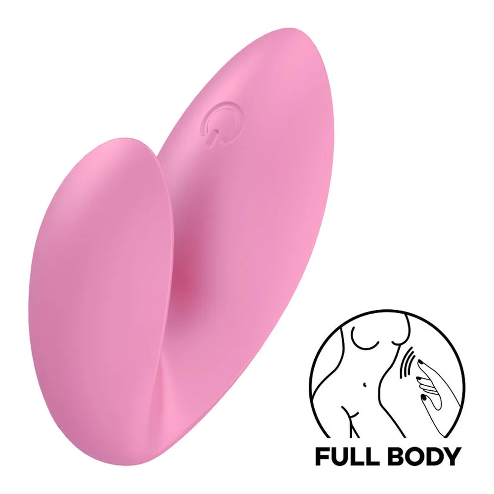 Vibromasseur violet en silicone, forme ergonomique allongée avec zones de stimulation, pictogramme indiquant une couverture corporelle complète