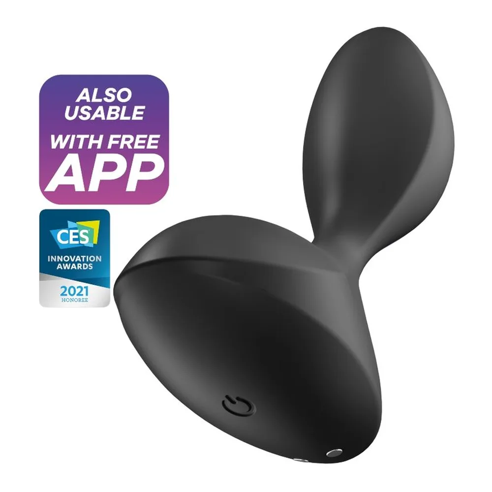 Plug anal en silicone noir avec télécommande intégrée, forme ergonomique courbe, accompagné de badges « Utilisable avec app gratuite » et « CES Innovation Awards 2021 »