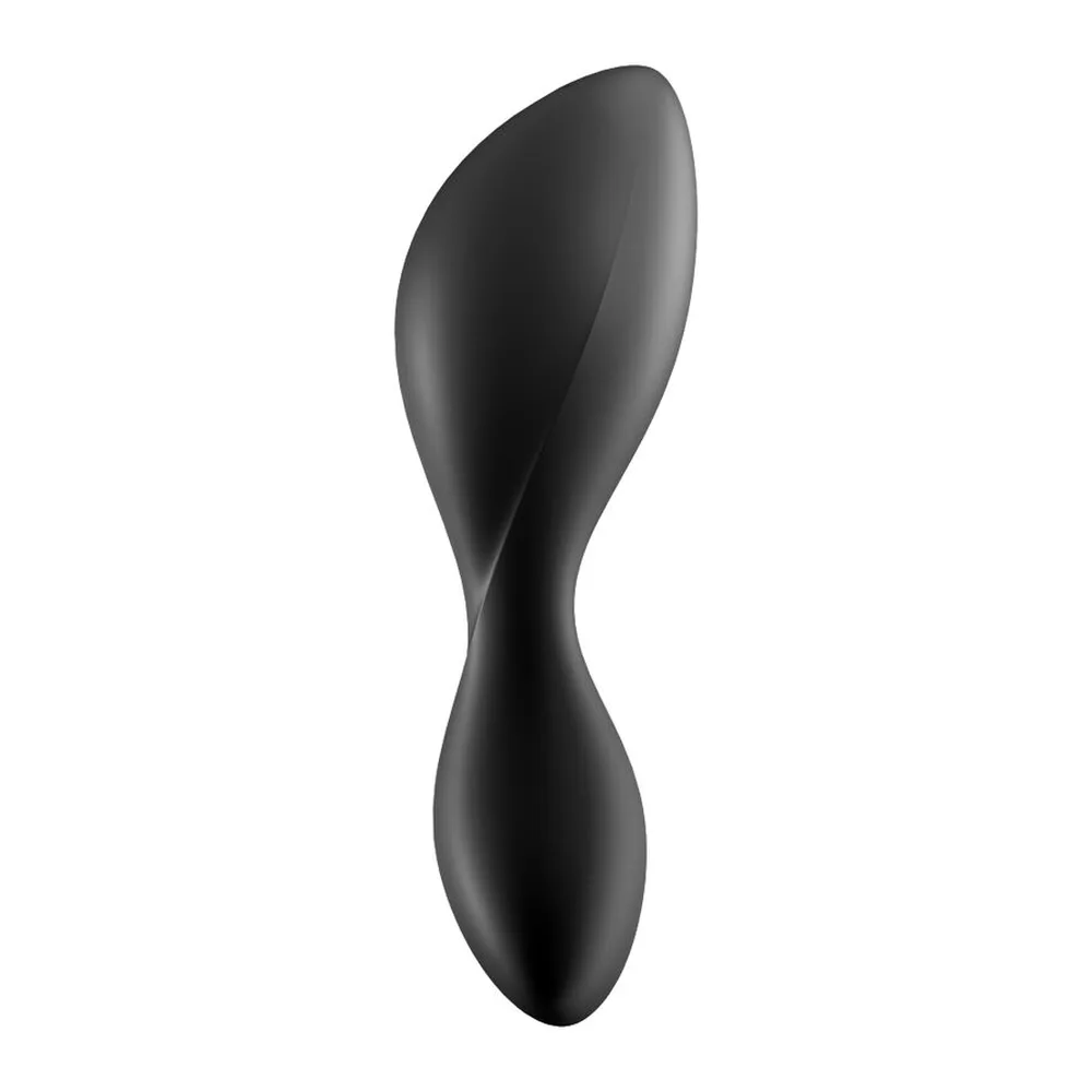 Plug anal noir en silicone avec forme aplatie et allongée, base large conique, bouton de contrôle au centre, fond blanc