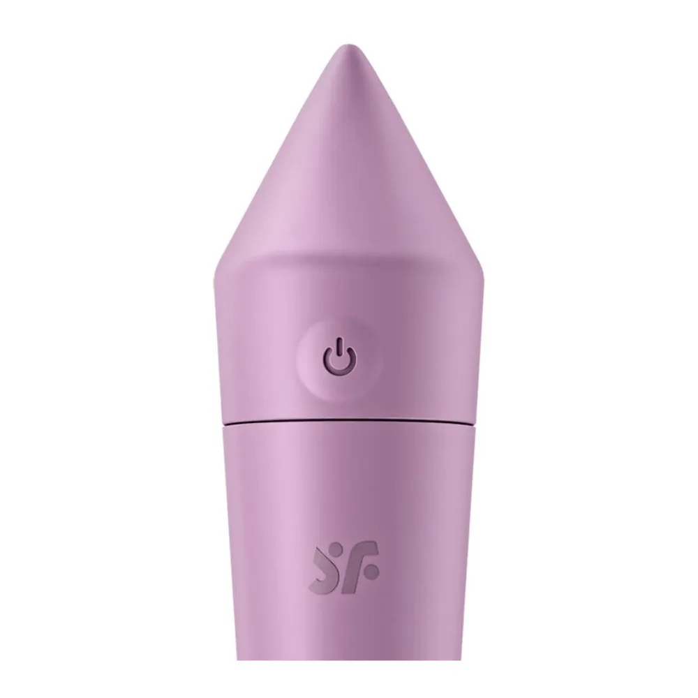 Emballage du mini-vibromasseur Satisfyer Ultra Power Bullet 8 en boîte jaune et bleu, montrant le produit violet clair avec pointe étroite, symboles de connectivité Bluetooth et fonction de vibration