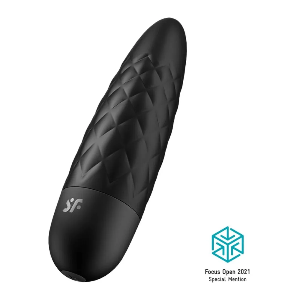Bullet vibrant noir au corps matelassé en motif losanges, forme conique effilée, sur fond blanc