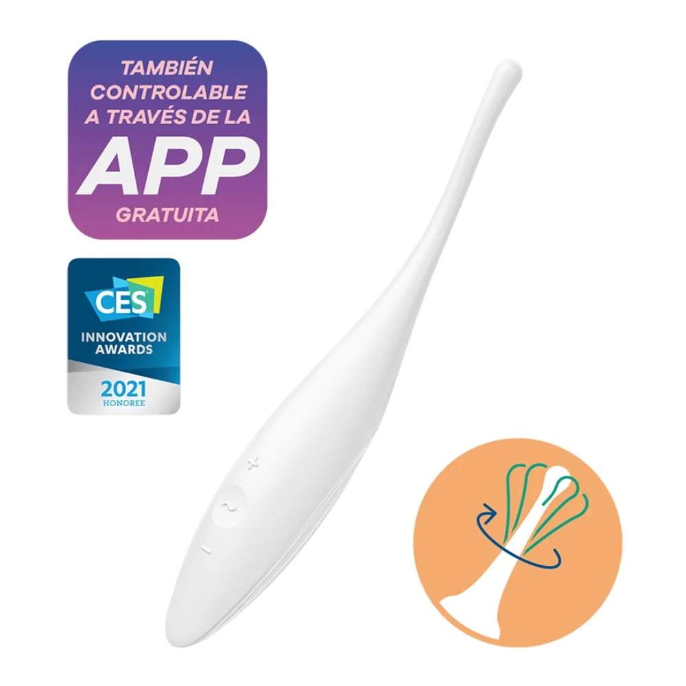 Stimulateur clitoridien blanc en silicone, forme ovale allongée avec pointe étroite et rainures spiralées, sur fond blanc