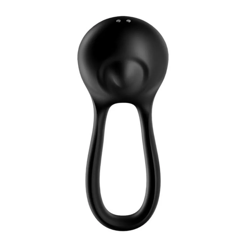 Vibromasseur anneau noir en silicone avec tête ronde et base allongée, deux petits boutons de commande visibles sur le dessus