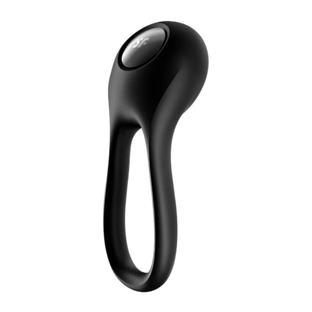 Vibromasseur anneau noir en silicone avec tête ronde et base allongée, deux petits boutons de commande visibles sur le dessus