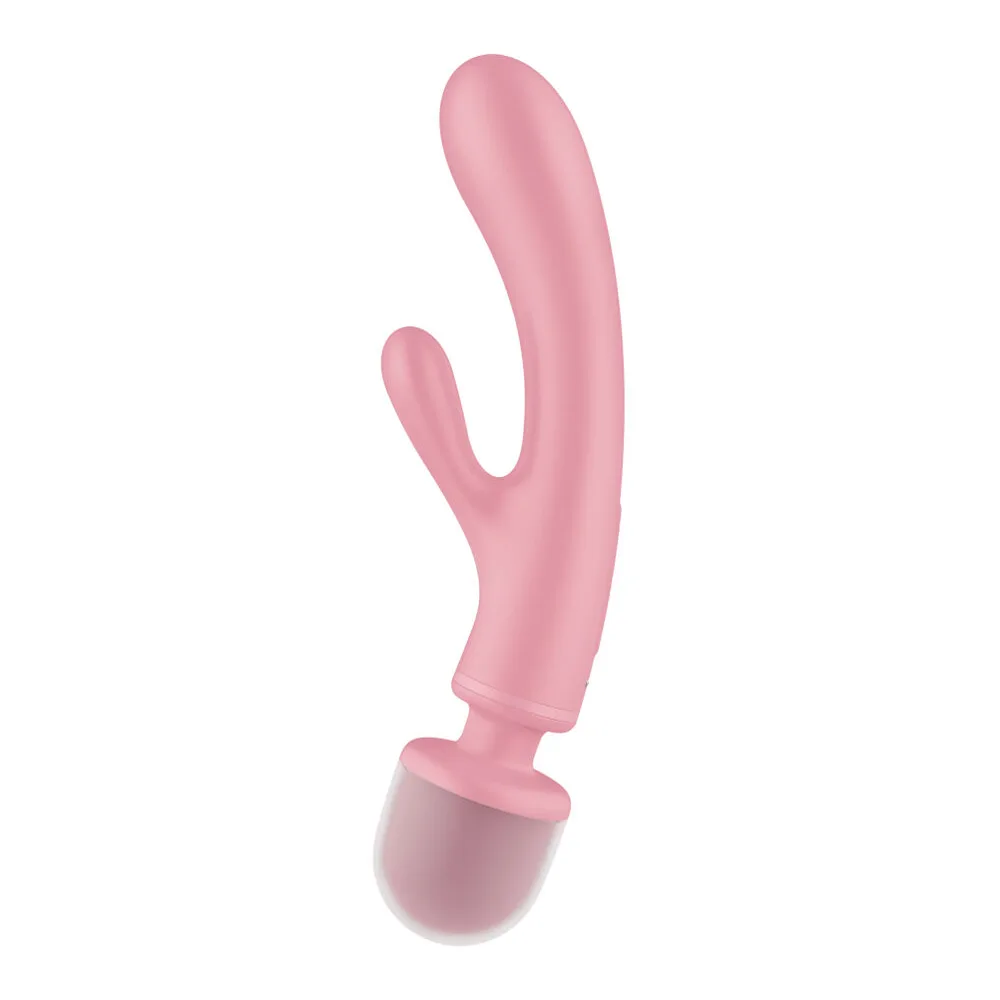Vibromasseur rabbit rose avec branche latérale courte et tête de massage arrondie en base, sur fond blanc